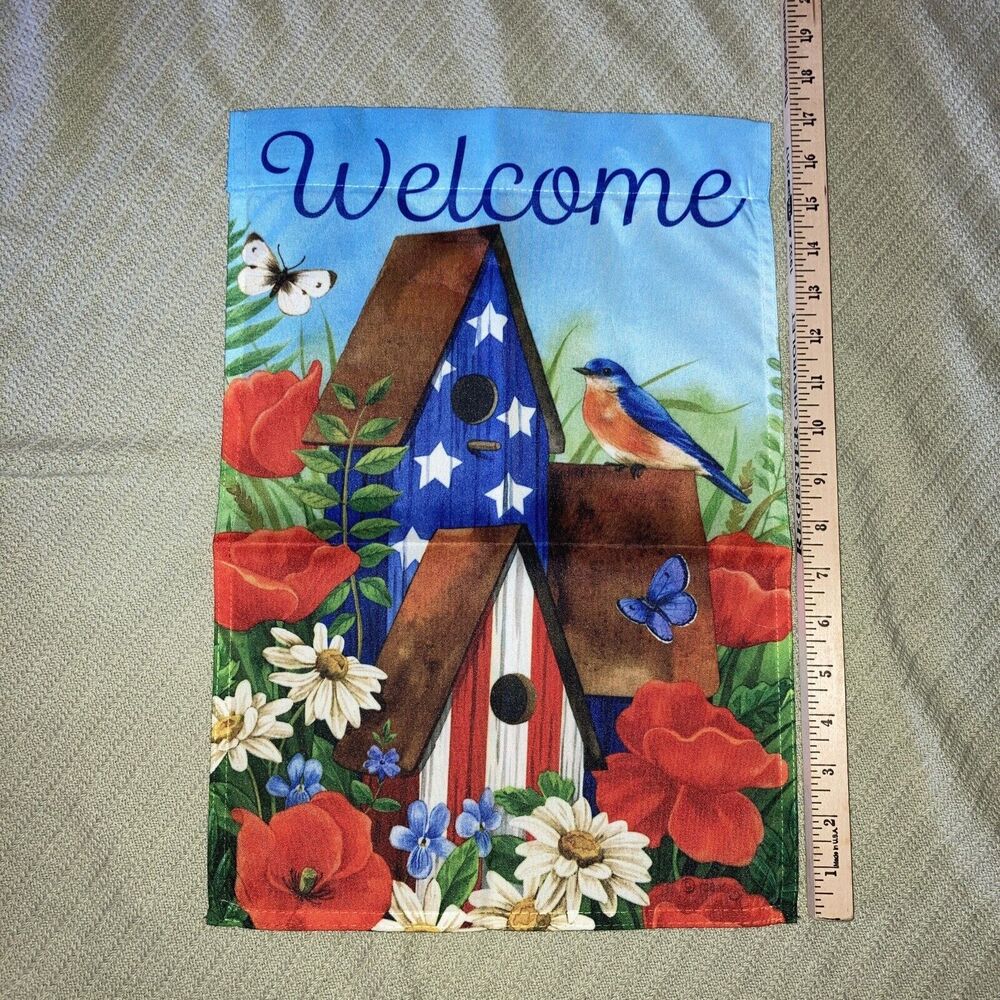 Welcome Pansy Perfection 12x18 Floral Blue Bird Small Garden Flag